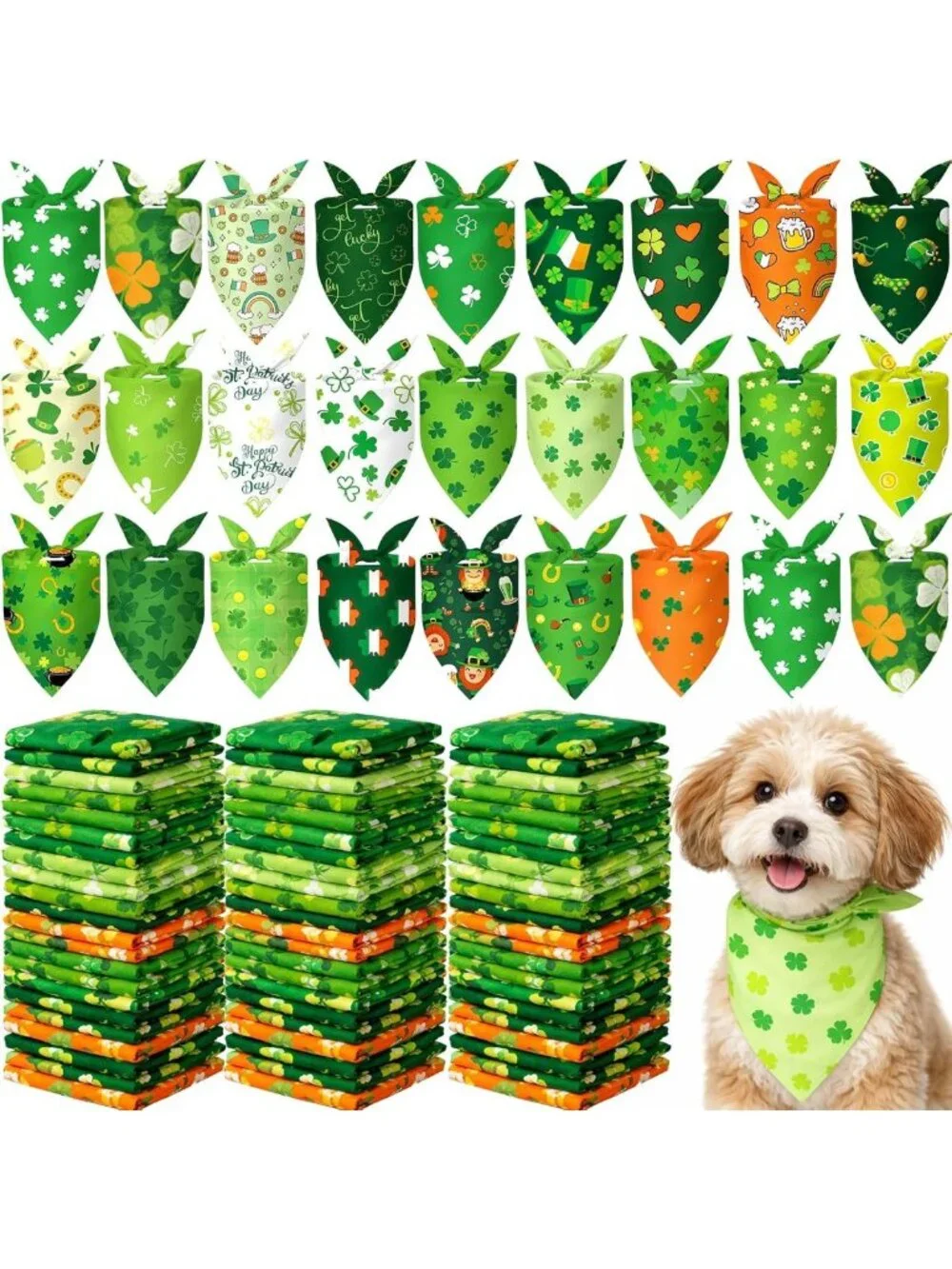 200 Pcs St. Patrick's Day Dog Bandanas - Green Shamrock Triangle Bibs & Scarves
